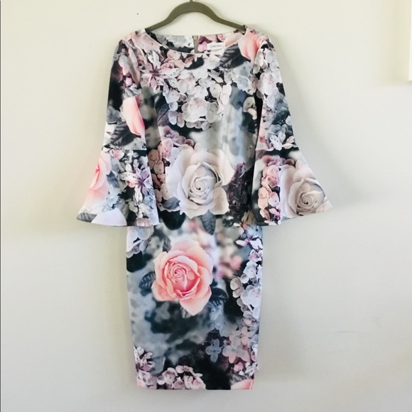 Calvin Klein Size 2 Floral-Print Bell-Sleeve Dress - Picture 3 of 8